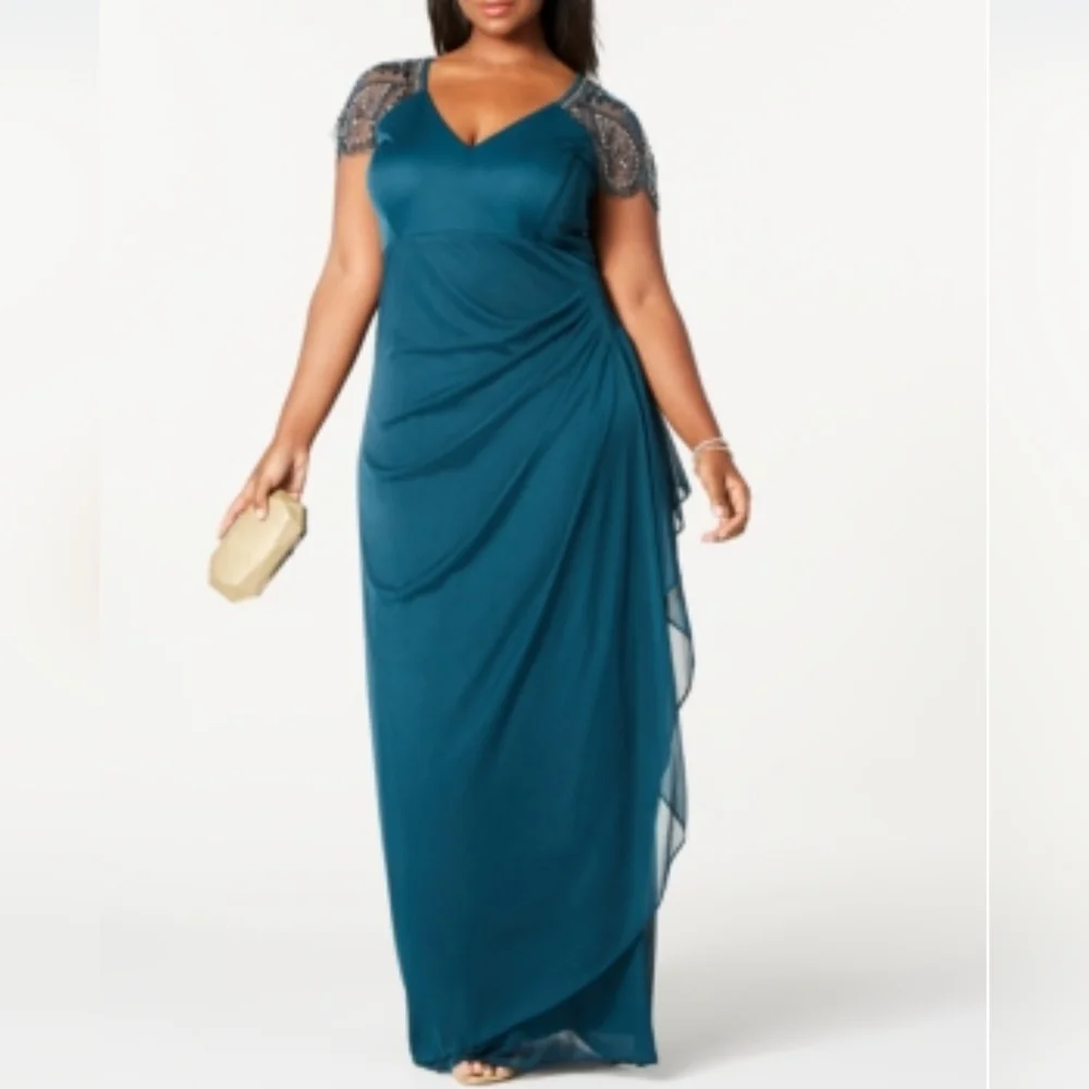 Xscape Teal Beaded SS V-Neck Formal Dress Sz 22 Plus Ruche Slimming Back Smocked - Picture 1 of 15
